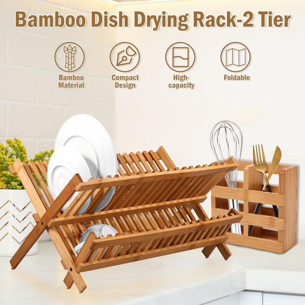 Bamboo Dish Drying Rack with Utensil Holder,Collapsible Wooden Dish Drainer Rack,2-Tier Large Folding Drying Holder for Kitchen Counter