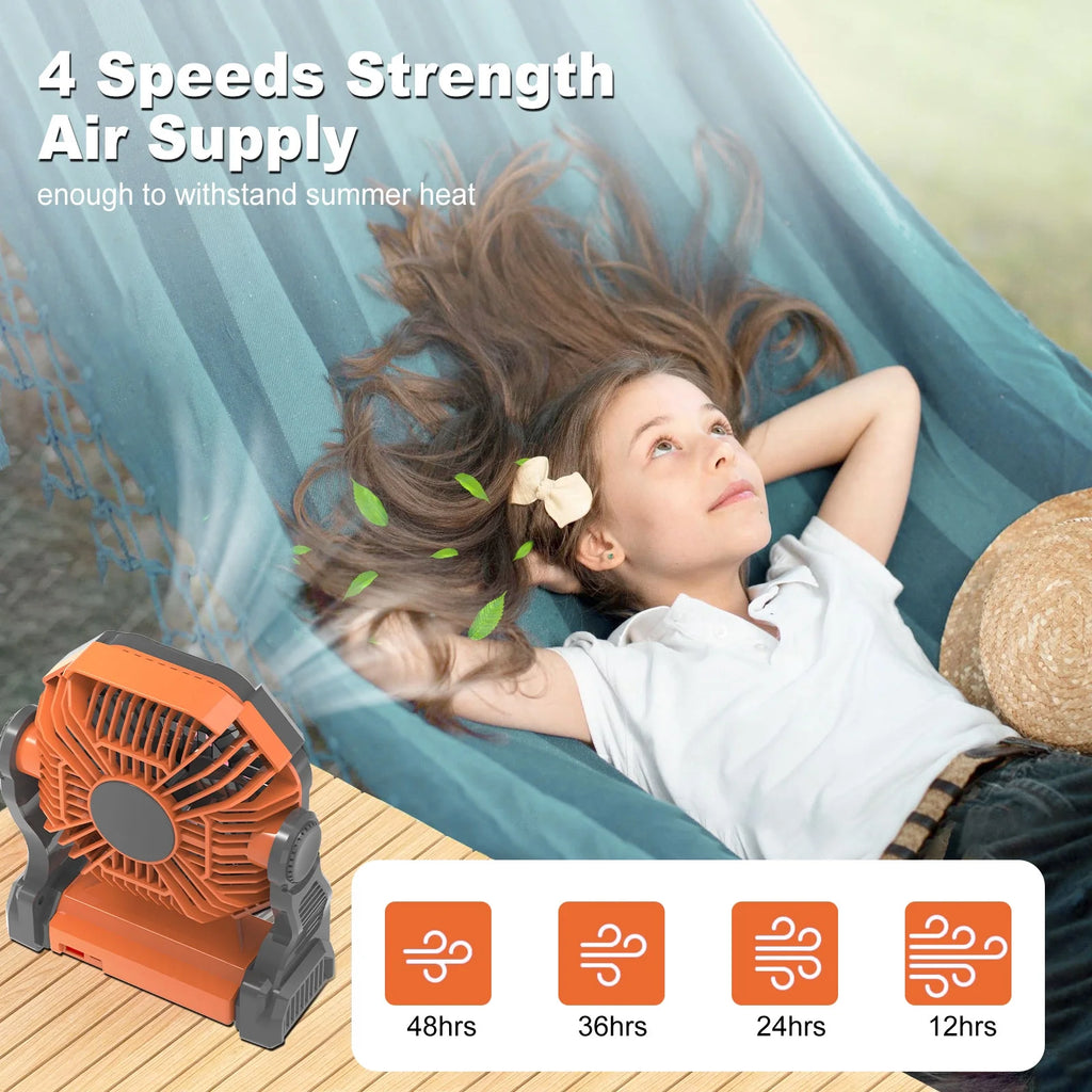 Camping Fan with LED Lantern, 20000Mah Portable Battery Operated Outdoor Fan, Personal Rechargeable Desk Fan for Travel, Hiking, Fishing, Picnic, Orange