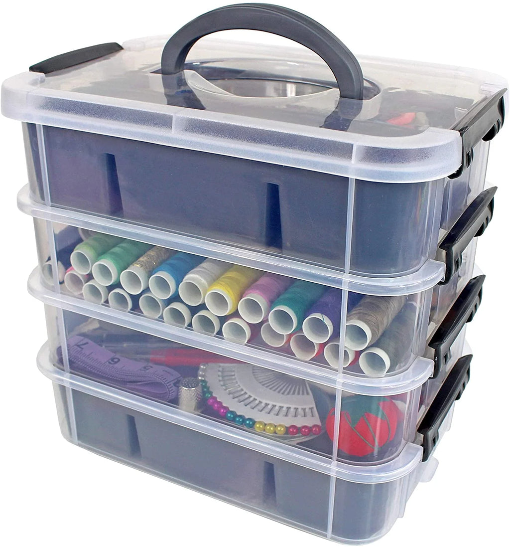 Plastic Storage Bin with 2 Trays - Stackable Storage Containers for Arts, Crafts, Jewelry, and More - Portable Storage Box - Grey Color
