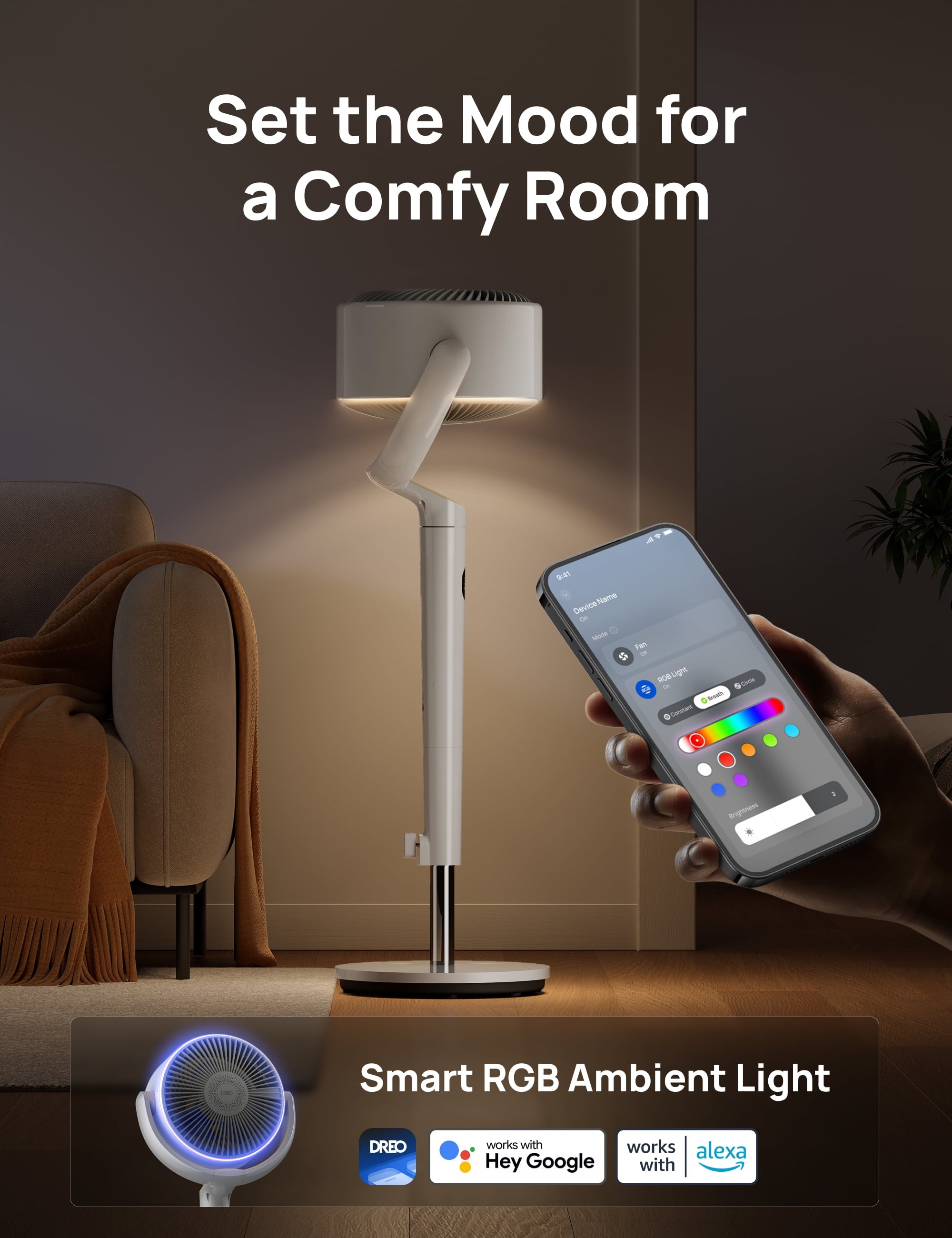 Smart Fan for Bedroom, 120° +120° Omni-Directional Oscillating Fans, 90Ft Quiet Pedestal Fan with RGB Light, 9 Speeds, 6 Modes, 20Db, 8H Timer, Wi-Fi/Voice/Alexa, 37-42" Floor Fans with Remote