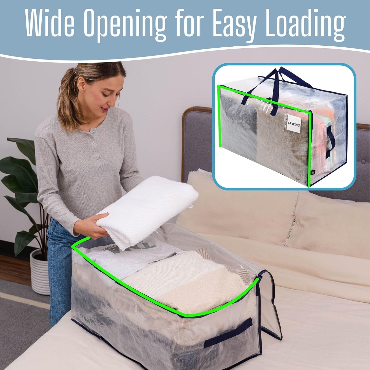 8 Pack Clear Extra Large Moving Bags & Storage Totes, Heavy Duty Organizer with Reinforced Handles & Strong Zippers for Clothes, College Dorm Essentials, Moving Supplies