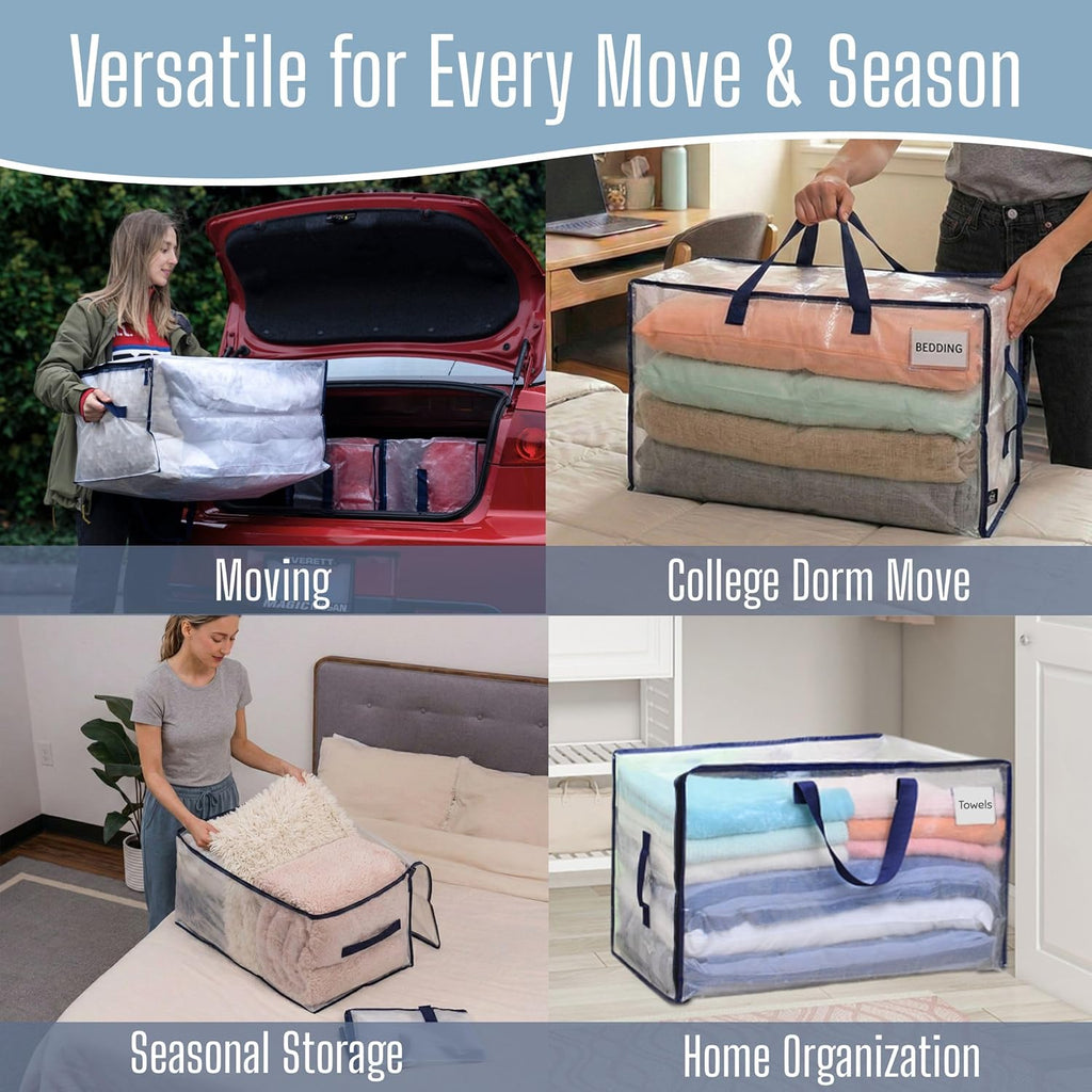 8 Pack Clear Extra Large Moving Bags & Storage Totes, Heavy Duty Organizer with Reinforced Handles & Strong Zippers for Clothes, College Dorm Essentials, Moving Supplies