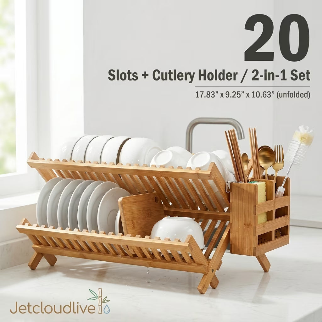 Bamboo Dish Drying Rack with Utensil Holder,Collapsible Wooden Dish Drainer Rack,2-Tier Large Folding Drying Holder for Kitchen Counter