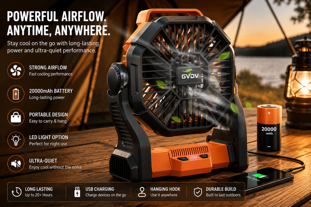Ellevary™ Portable Camping Fan with LED Lantern & Rechargeable Battery
