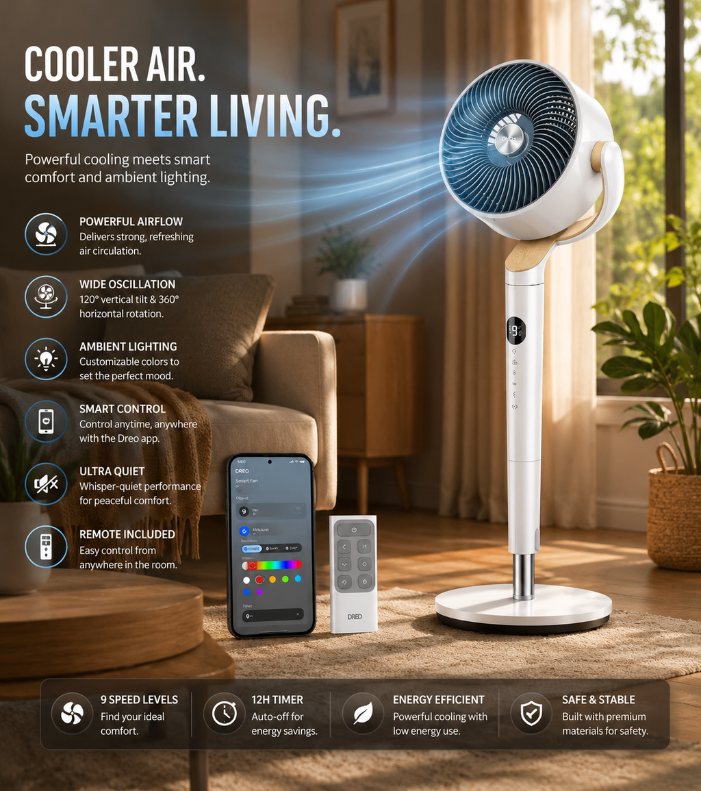Ellevary™ Smart Oscillating Pedestal Fan with Remote & App Control