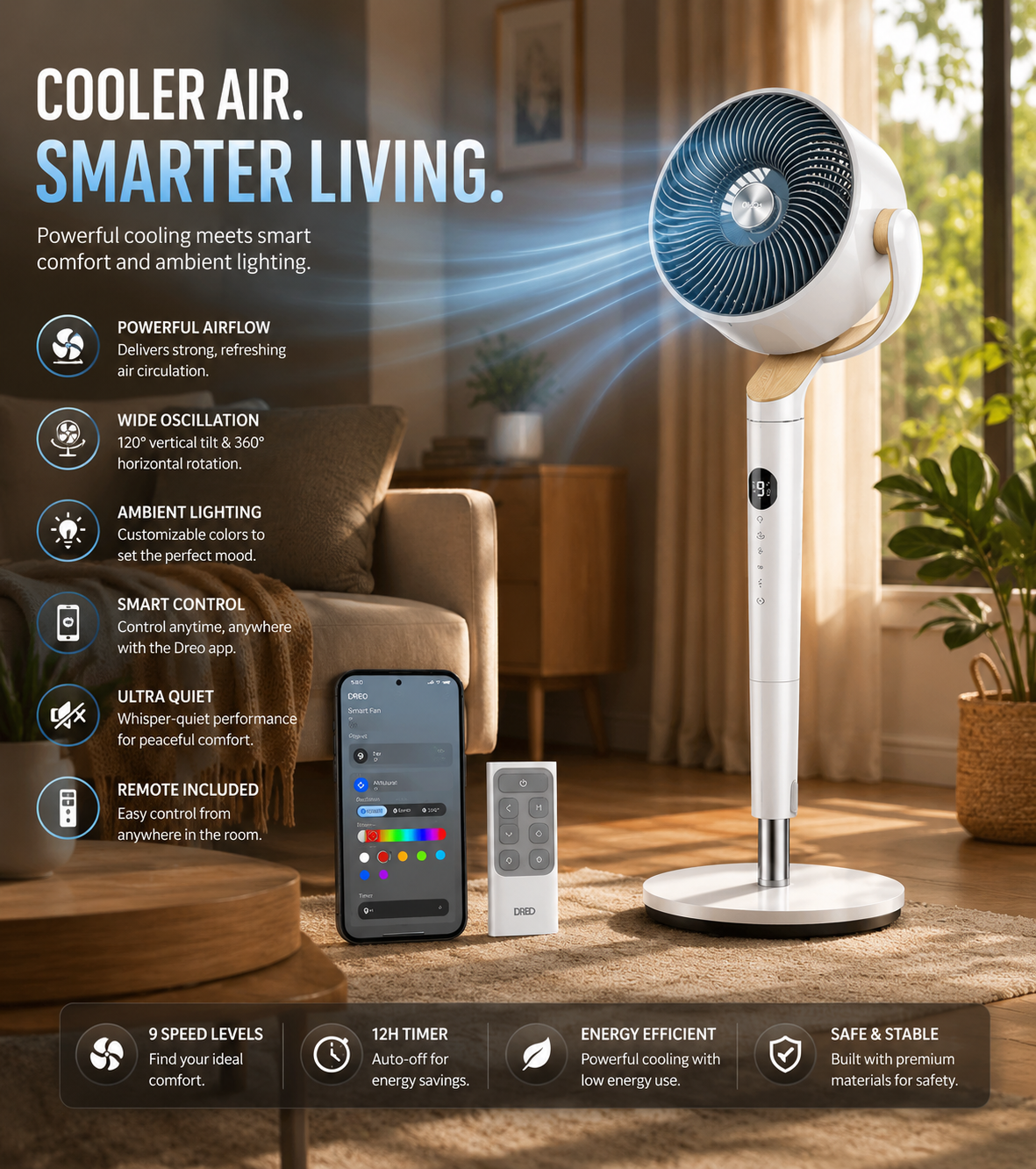 Ellevary™ Smart Oscillating Pedestal Fan with Remote & App Control