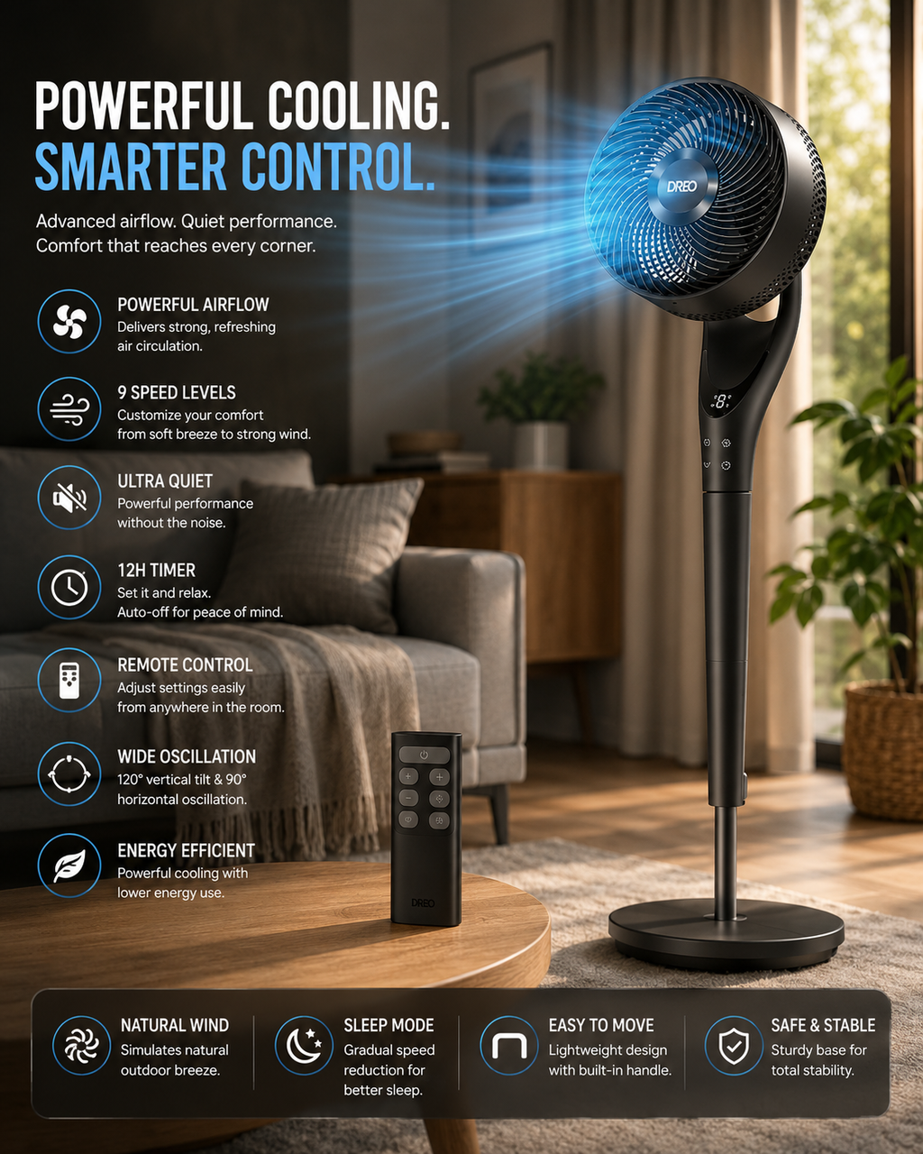 Ellevary™ Quiet Oscillating Pedestal Fan with Remote Control