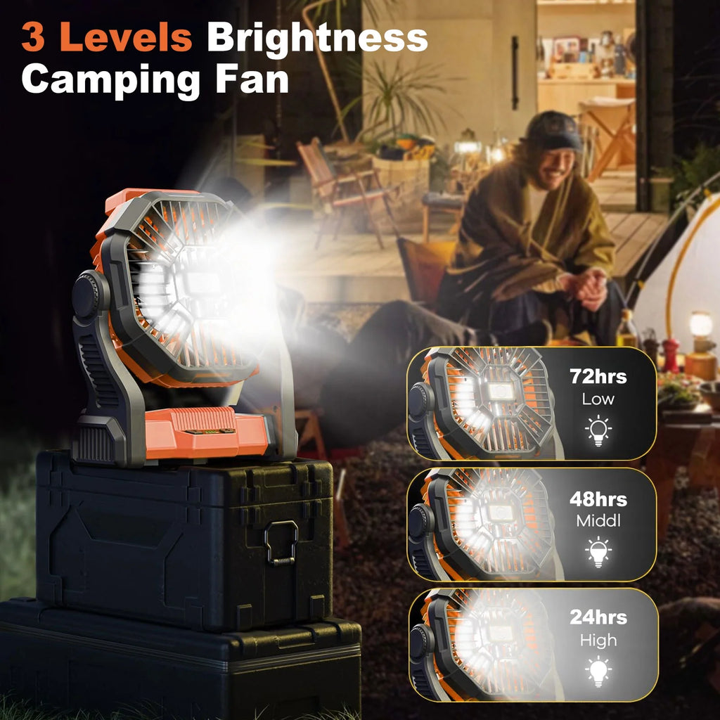 Camping Fan with LED Lantern, 20000Mah Portable Battery Operated Outdoor Fan, Personal Rechargeable Desk Fan for Travel, Hiking, Fishing, Picnic, Orange