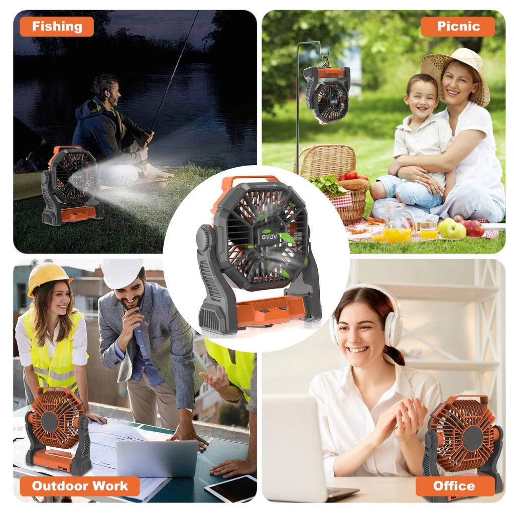 Camping Fan with LED Lantern, 20000Mah Portable Battery Operated Outdoor Fan, Personal Rechargeable Desk Fan for Travel, Hiking, Fishing, Picnic, Orange