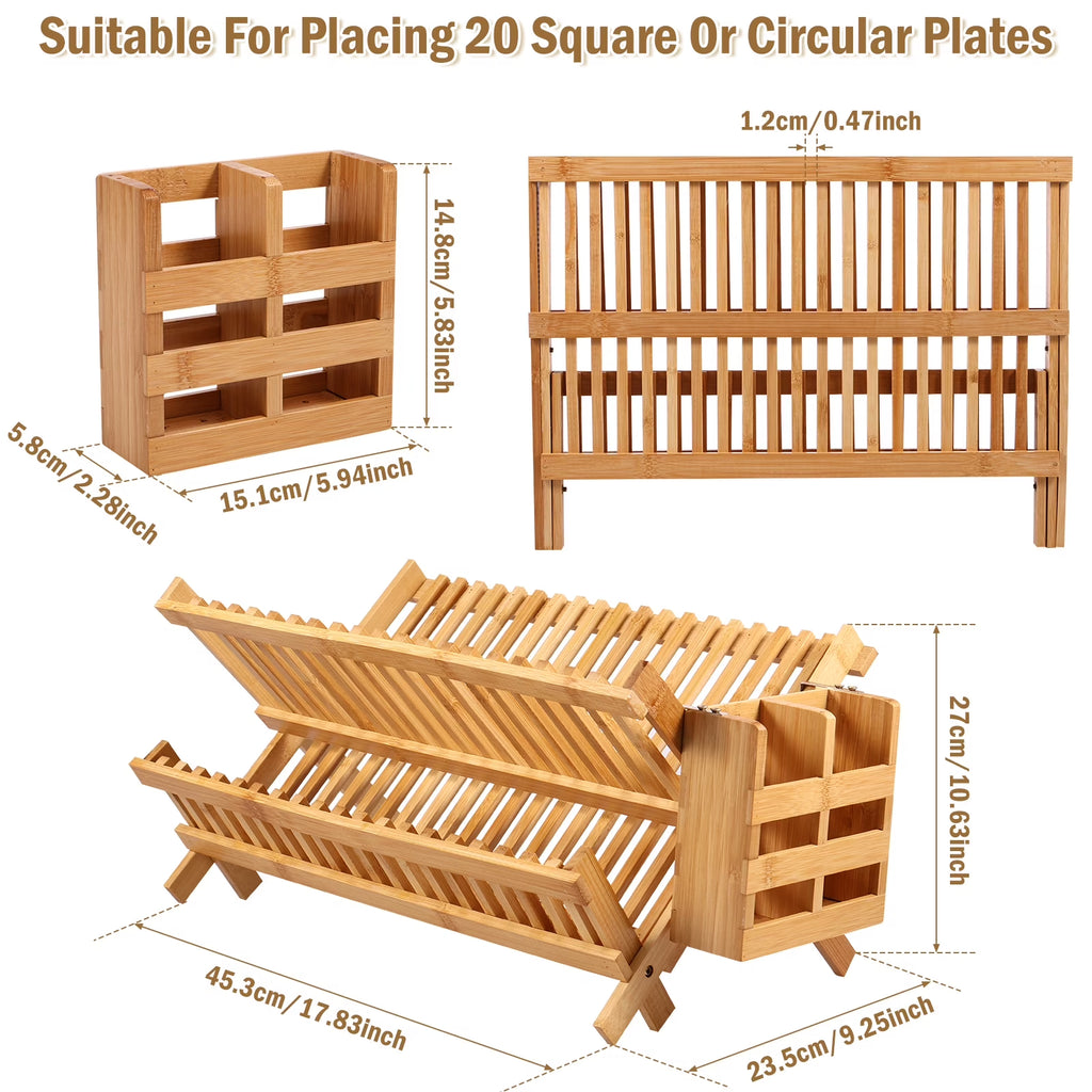 Bamboo Dish Drying Rack with Utensil Holder,Collapsible Wooden Dish Drainer Rack,2-Tier Large Folding Drying Holder for Kitchen Counter