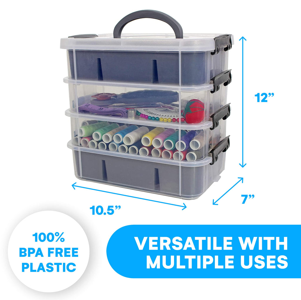 Plastic Storage Bin with 2 Trays - Stackable Storage Containers for Arts, Crafts, Jewelry, and More - Portable Storage Box - Grey Color