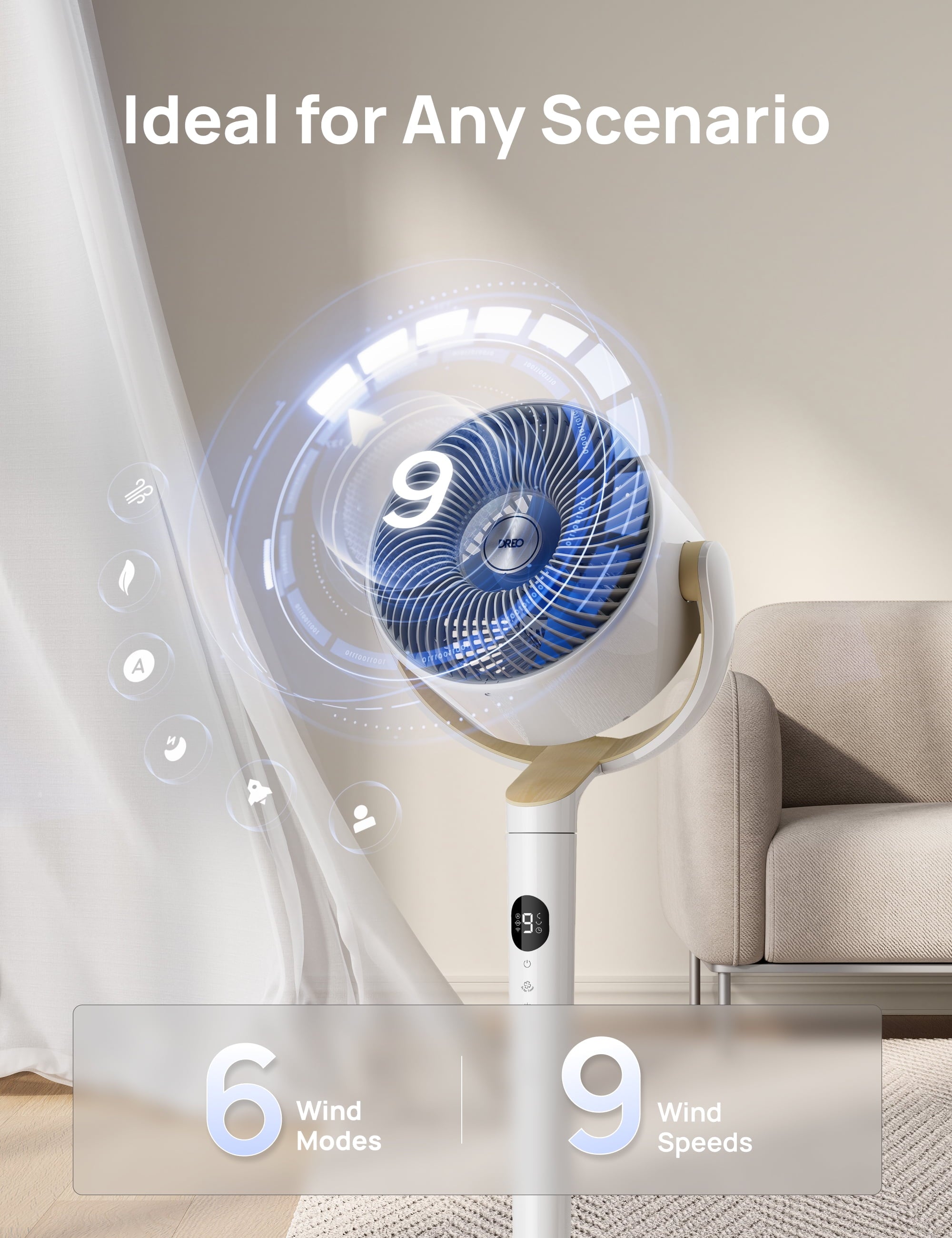 Smart Fan for Bedroom, 120° +120° Omni-Directional Oscillating Fans, 90Ft Quiet Pedestal Fan with RGB Light, 9 Speeds, 6 Modes, 20Db, 8H Timer, Wi-Fi/Voice/Alexa, 37-42" Floor Fans with Remote