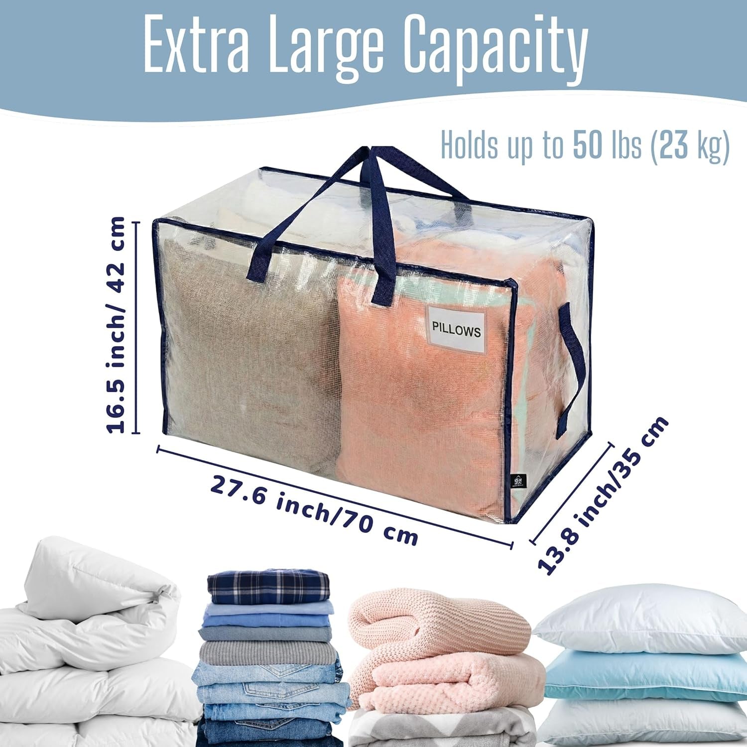 8 Pack Clear Extra Large Moving Bags & Storage Totes, Heavy Duty Organizer with Reinforced Handles & Strong Zippers for Clothes, College Dorm Essentials, Moving Supplies