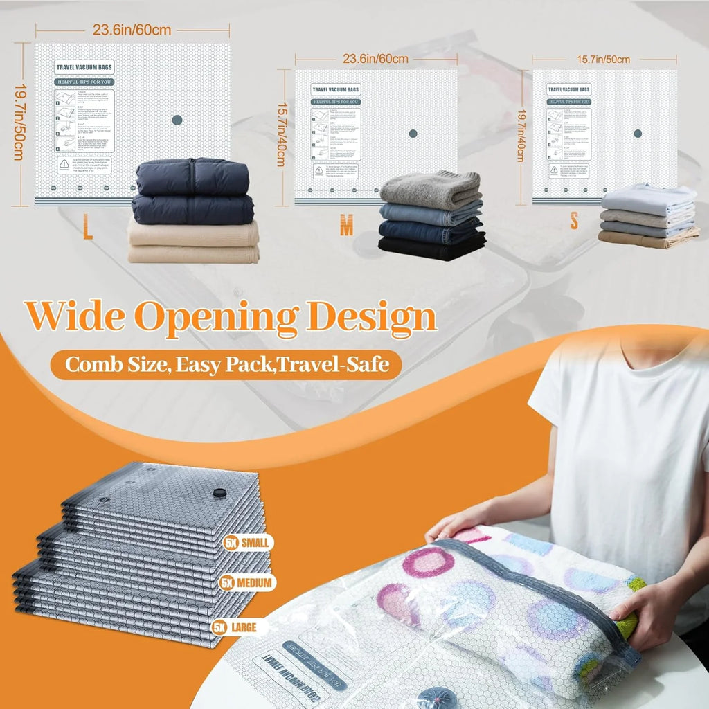 Vacuum Bags for Travel with , 15 Pack Carry-On Size Compression Packing Bags for Luggage and Suitcase, Space Saver for Clothes and Clothing Travel