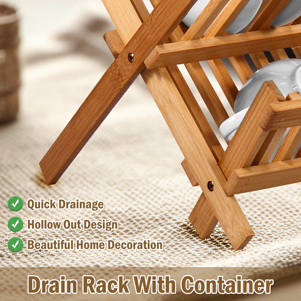 Bamboo Dish Drying Rack with Utensil Holder,Collapsible Wooden Dish Drainer Rack,2-Tier Large Folding Drying Holder for Kitchen Counter