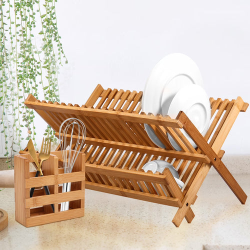 Bamboo Dish Drying Rack with Utensil Holder,Collapsible Wooden Dish Drainer Rack,2-Tier Large Folding Drying Holder for Kitchen Counter