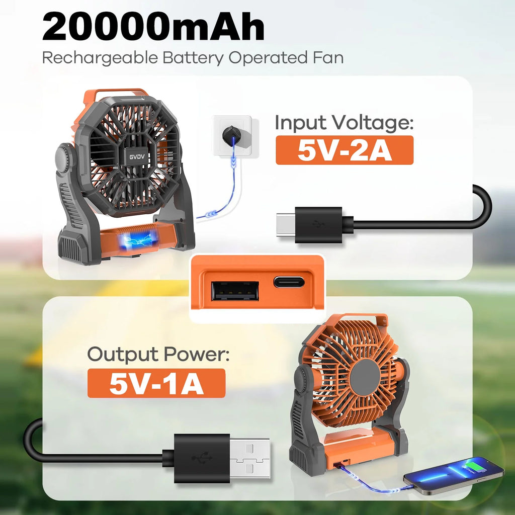 Camping Fan with LED Lantern, 20000Mah Portable Battery Operated Outdoor Fan, Personal Rechargeable Desk Fan for Travel, Hiking, Fishing, Picnic, Orange