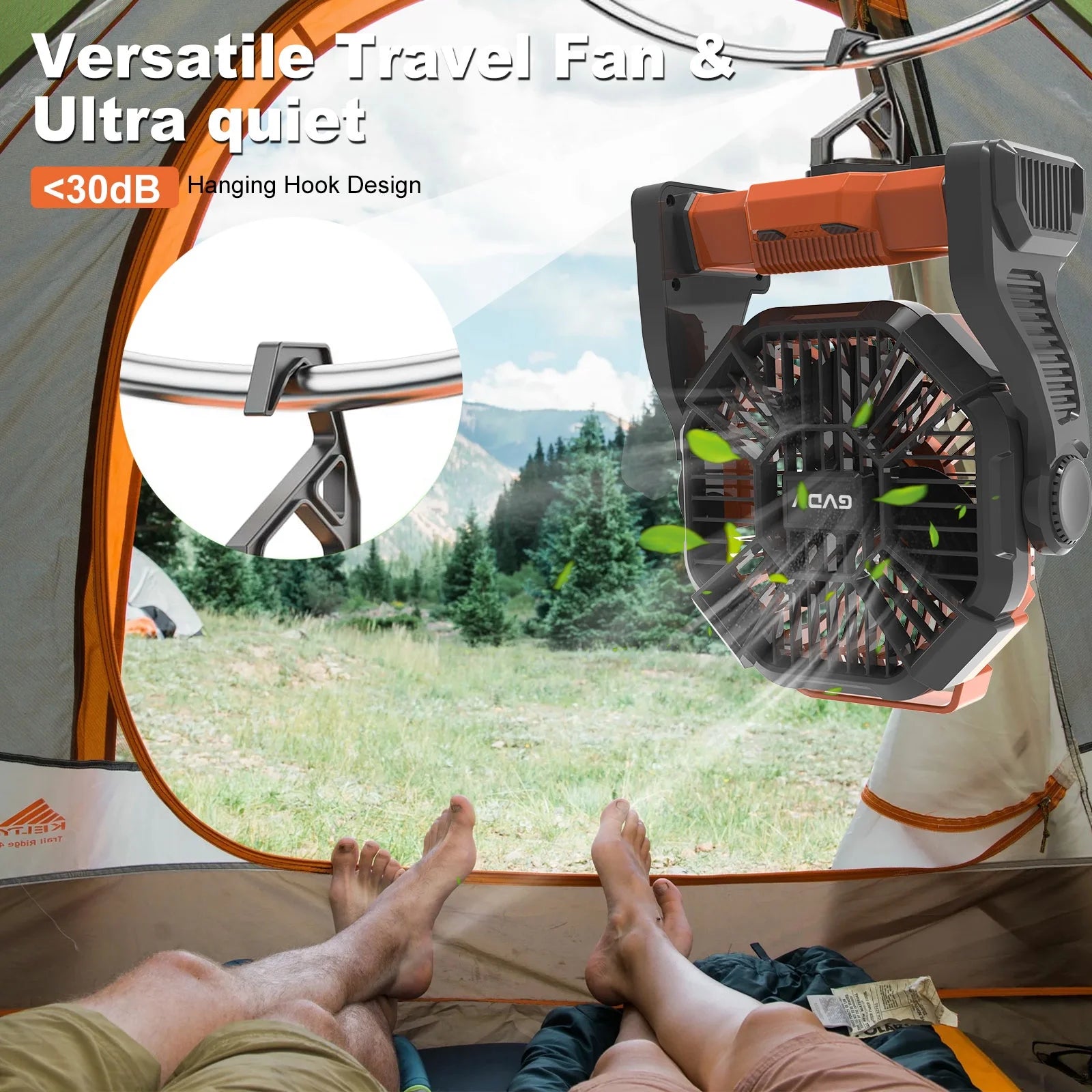 Camping Fan with LED Lantern, 20000Mah Portable Battery Operated Outdoor Fan, Personal Rechargeable Desk Fan for Travel, Hiking, Fishing, Picnic, Orange